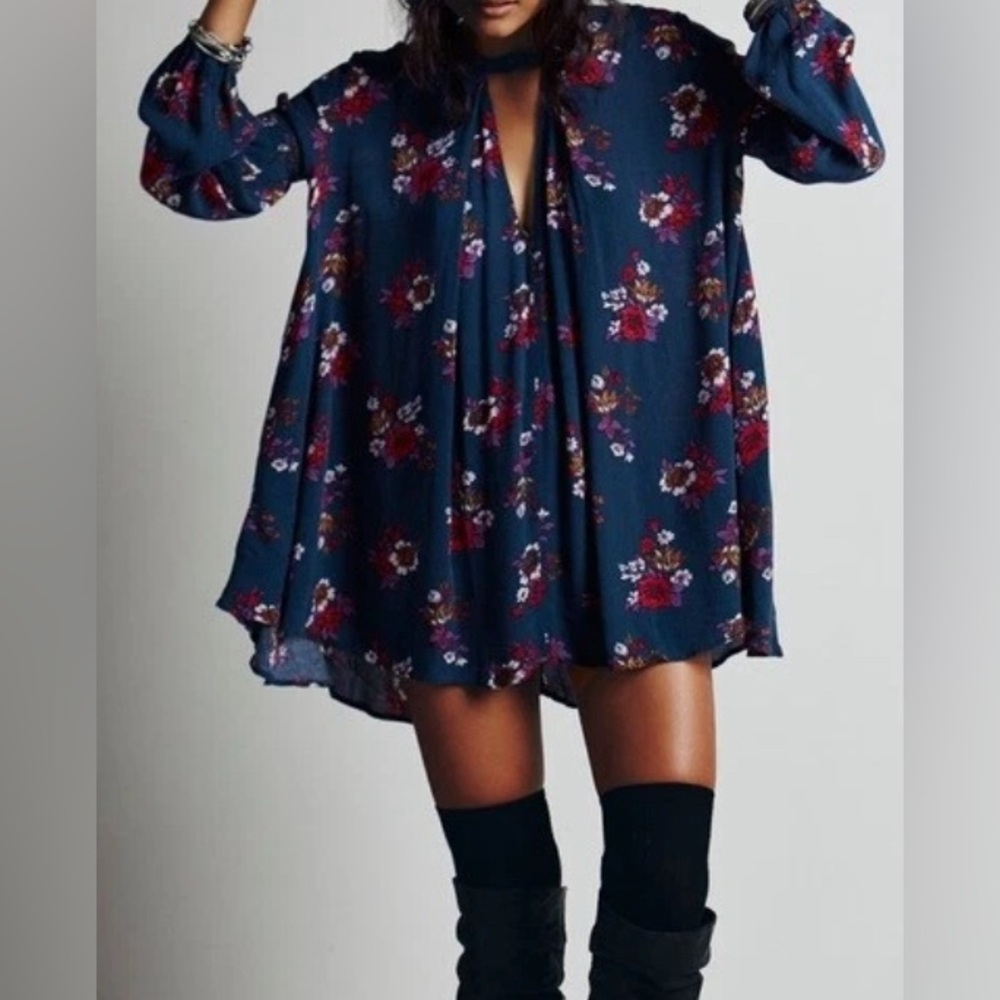 Free People Gardenia Jade Floral Retro Print Swing Tunic Mini Dress Size Large